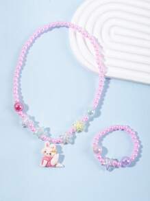 1set Cute Pink Beaded Star Design Rabbit Charm Necklace & Bracelet For Girls 3-12 Years Old (Random Bead Color) 2pcs/Set Gift For Kids - Multicolor - View 2