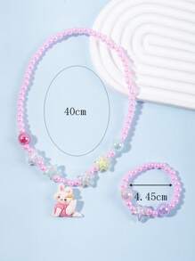 1set Cute Pink Beaded Star Design Rabbit Charm Necklace & Bracelet For Girls 3-12 Years Old (Random Bead Color) 2pcs/Set Gift For Kids - Multicolor - View 4