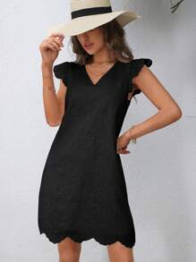 SHEIN VCAY Eyelet Embroidery Scallop Trim Dress - Black - View 1