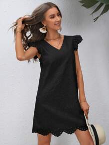 SHEIN VCAY Eyelet Embroidery Scallop Trim Dress - Black - View 4