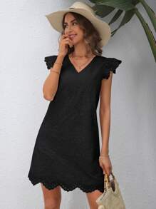 SHEIN VCAY Eyelet Embroidery Scallop Trim Dress - Black - View 5