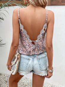 SHEIN Frenchy 碎花拼接水溶蕾絲後背繫帶吊帶上衣 - 淺粉色 - 查看 1