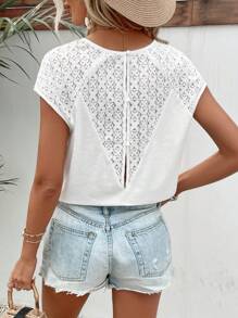 SHEIN Frenchy Contrast Lace Batwing Sleeve Tee Summer White Casual - White - View 1