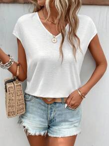 SHEIN Frenchy Contrast Lace Batwing Sleeve Tee Summer White Casual - White - View 2