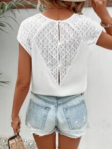 SHEIN Frenchy Contrast Lace Batwing Sleeve Tee Summer White Casual - White - View 3