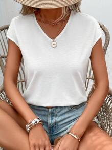 SHEIN Frenchy Contrast Lace Batwing Sleeve Tee Summer White Casual - White - View 5