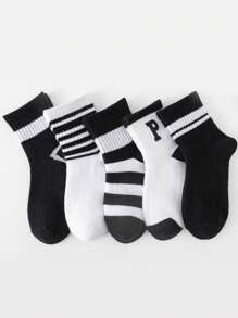 5雙兒童條紋和字母圖案短襪適用於日常 - 彩色 - 查看 1