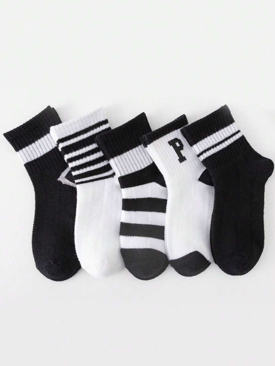 5雙兒童條紋和字母圖案短襪適用於日常 - 彩色 - 查看 1