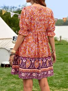 SHEIN 孕婦印花泡泡袖洋裝