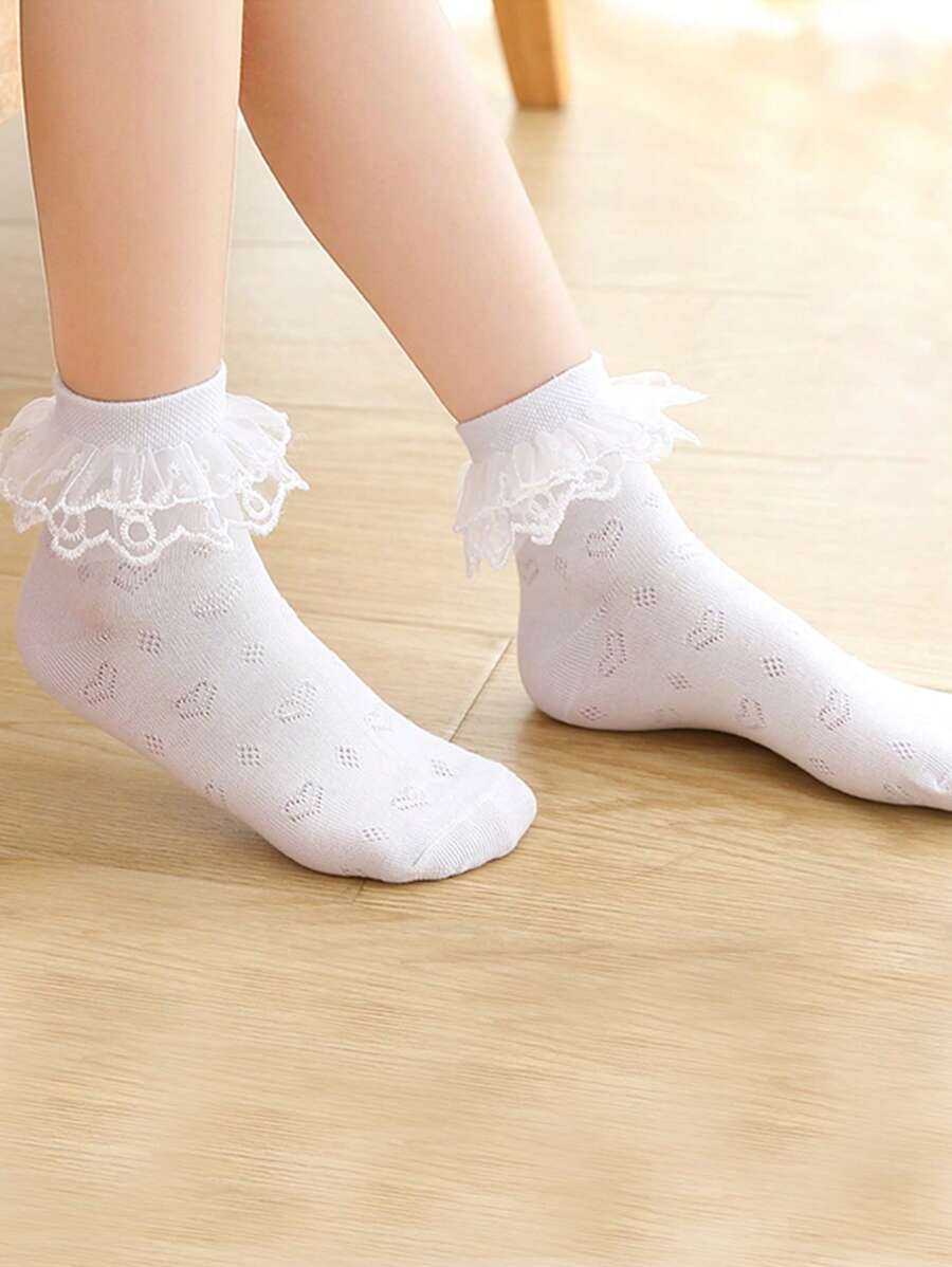 1 đôi tất cho bé gái họa tiết trái tim xếp nếp viền ren cho cuộc sống hàng ngày - trắng - Xem 1
