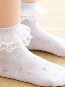 1 đôi tất cho bé gái họa tiết trái tim xếp nếp viền ren cho cuộc sống hàng ngày - trắng - Xem 2