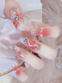 YTJ Transform Your Nails with 24pcs Extra Long Coffin Flower Print Rhinestone & Pearl Decor Blush Fake Nail & 1pc Nail File & 1sheet Tape - Pink - View 1