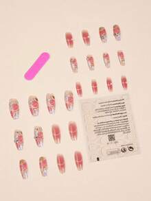 YTJ Transform Your Nails with 24pcs Extra Long Coffin Flower Print Rhinestone & Pearl Decor Blush Fake Nail & 1pc Nail File & 1sheet Tape - Pink - View 2