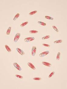 YTJ Transform Your Nails with 24pcs Extra Long Coffin Flower Print Rhinestone & Pearl Decor Blush Fake Nail & 1pc Nail File & 1sheet Tape - Pink - View 5