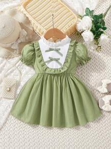 小女童撞色褶邊泡泡袖前蝴蝶結連衣裙 - 軍綠色 - 查看 1