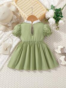 小女童撞色褶邊泡泡袖前蝴蝶結連衣裙 - 軍綠色 - 查看 2