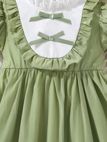 小女童撞色褶邊泡泡袖前蝴蝶結連衣裙 - 軍綠色 - 查看 6