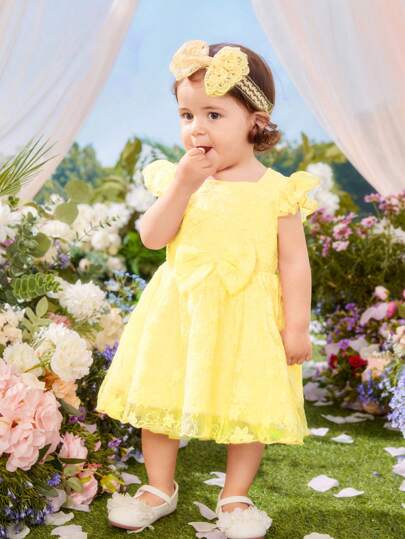 嬰兒前蝴蝶結蝴蝶袖連衣裙