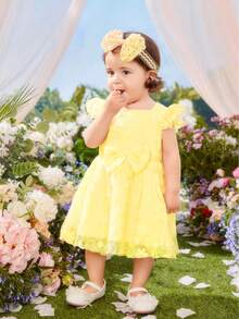 嬰兒前蝴蝶結蝴蝶袖連衣裙 - 黃色 - 查看 3