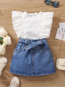 SHEIN 小女童荷葉邊網眼刺繡邊上衣和牛仔半身裙