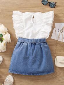 SHEIN 小女童荷葉邊網眼刺繡邊上衣和牛仔半身裙