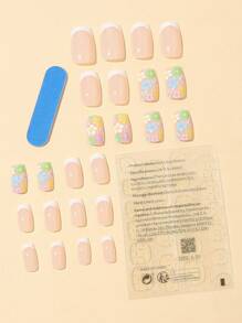 Nâng tầm phong cách của bạn với 24 móng tay giả hình vuông dài màu trắng họa tiết hoa Pháp & 1 dũa móng tay & 1 tờ băng dính dán móng tay - Nhiều màu - Xem 2