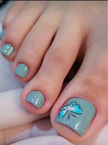 使用24入組短方形藍色閃光蝴蝶圖案假腳趾甲和1入組腳趾甲銼刀和1張膠帶立即升級您造型 - 彩色 - 查看 1