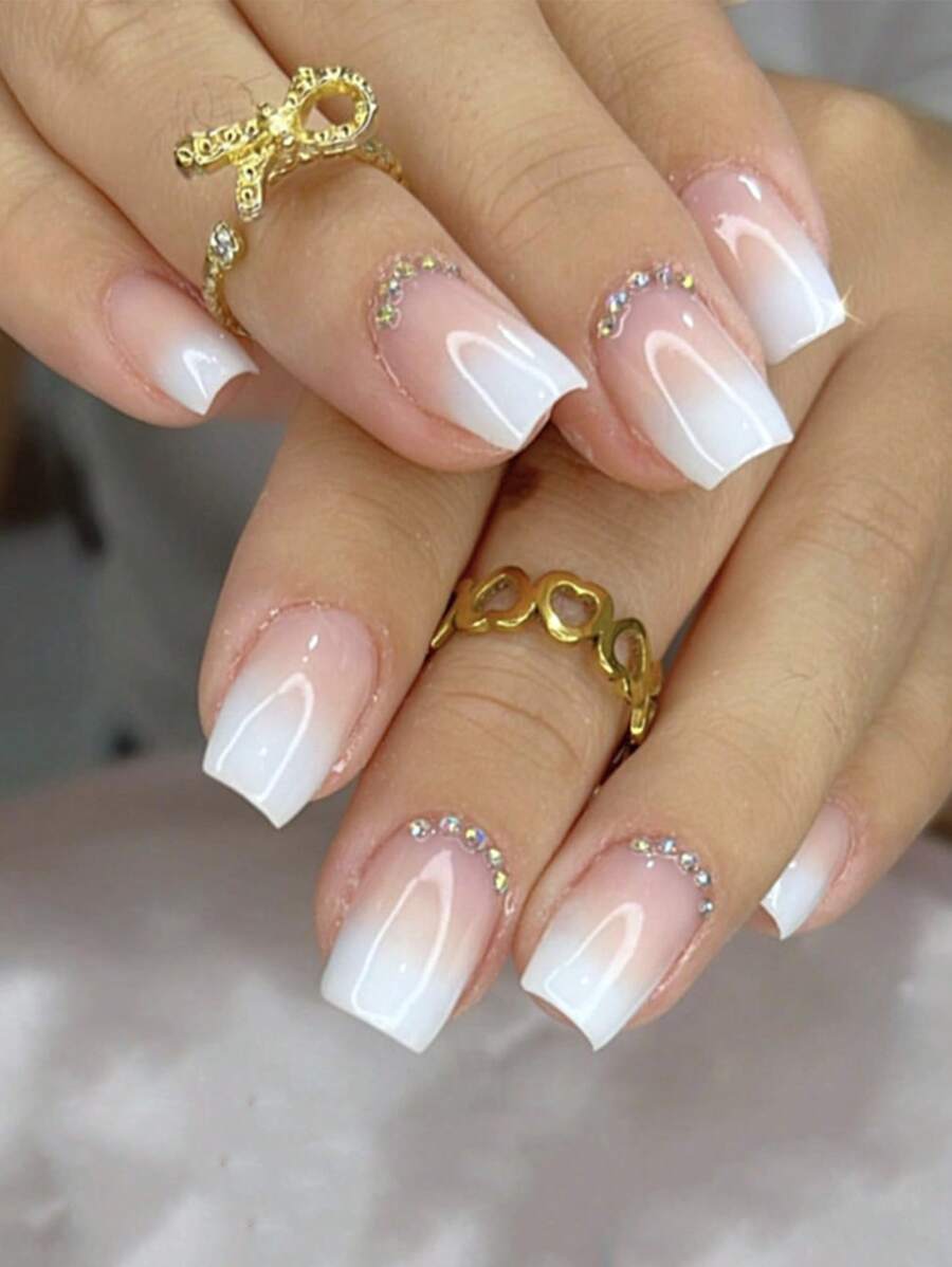 Sanrio Elevate Your Style With 24pcs Short Ballet Gradient Marbling Pattern&Simple French Style Glitter Full Cover Fake Nail Kit Press On Nails Nail Supplies - Multicolor - View 1