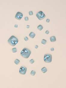 使用24入組短方形藍色閃光蝴蝶圖案假腳趾甲和1入組腳趾甲銼刀和1張膠帶立即升級您造型 - 彩色 - 查看 5