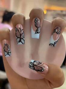 24 件长方形白色法式蝴蝶印花假指甲、1 片胶带和 1 个指甲锉，打造迷人美甲，美甲用品