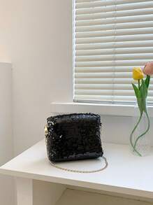 優雅、精美、閃爍奢華、時尚、豪華、閃亮迷你方形包,華麗的亮片裝飾拉鍊鏈式晚宴包,派對女孩、女人、新娘完美的聚會、婚禮、舞會、晚宴/宴會 - 黑色 - 查看 4