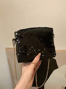 優雅、精美、閃爍奢華、時尚、豪華、閃亮迷你方形包,華麗的亮片裝飾拉鍊鏈式晚宴包,派對女孩、女人、新娘完美的聚會、婚禮、舞會、晚宴/宴會 - 黑色 - 查看 6