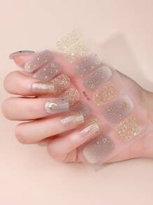 Beauty Sticker 1張月亮和星星印花閃粉指甲藝術貼紙和1支指甲文件，指甲貼紙DIY - 彩色 - 查看 1