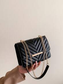 鋸齒紋方包翻蓋PU皮革黑色