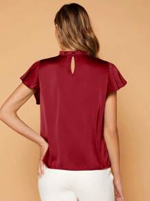 SHEIN Privé Frill Neck Butterfly Sleeve Satin Blouse,Short Sleeve Tops - Burgundy - View 2
