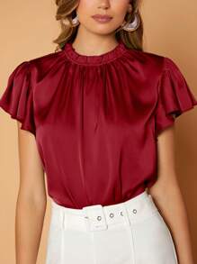 SHEIN Privé Frill Neck Butterfly Sleeve Satin Blouse,Short Sleeve Tops - Burgundy - View 3