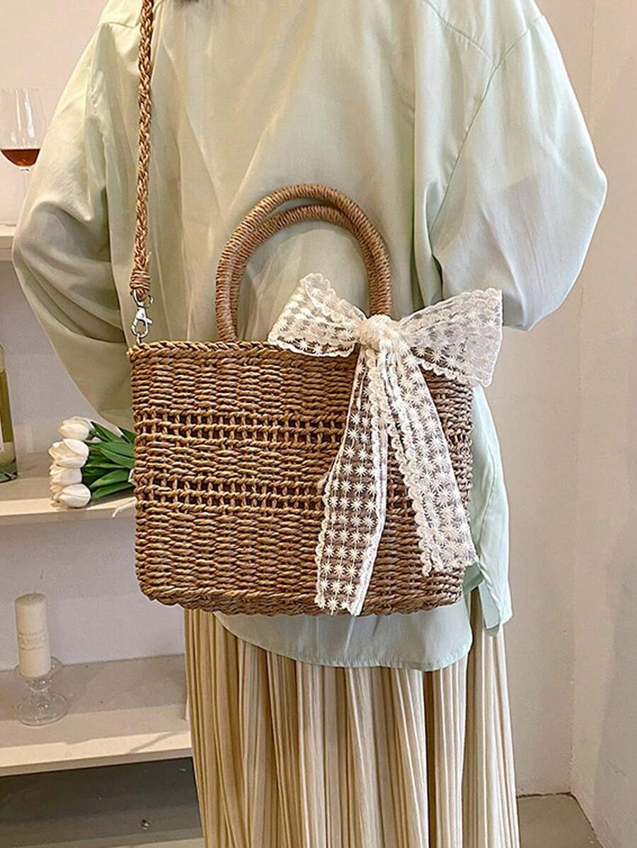 Skinny Scarf Decor Straw Bag Vacation - Khaki - View 1