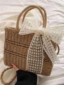 Skinny Scarf Decor Straw Bag Vacation - Khaki - View 4