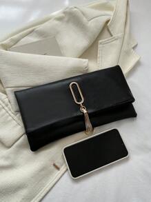 流蘇裝飾信封包黑色PU皮革 - 黑色 - 查看 5