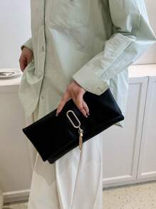 流蘇裝飾信封包黑色PU皮革 - 黑色 - 查看 6