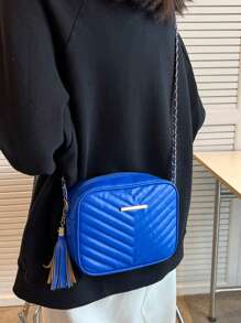 Mini Square Bag Chevron Tassel Decor PU - Blue - View 3