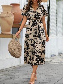 SHEIN Holidaya 花卉印花蝴蝶袖开叉大腿连衣裙长款女装 - 杏色 - 查看 6