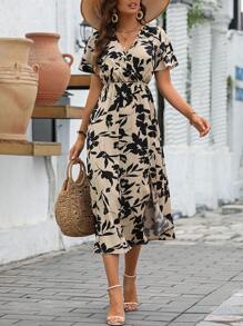 SHEIN Holidaya 花卉印花蝴蝶袖开叉大腿连衣裙长款女装 - 杏色 - 查看 7