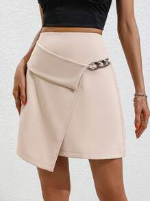 SHEIN Privé Chain Detail Wrap Hem Skirt - Khaki - View 1