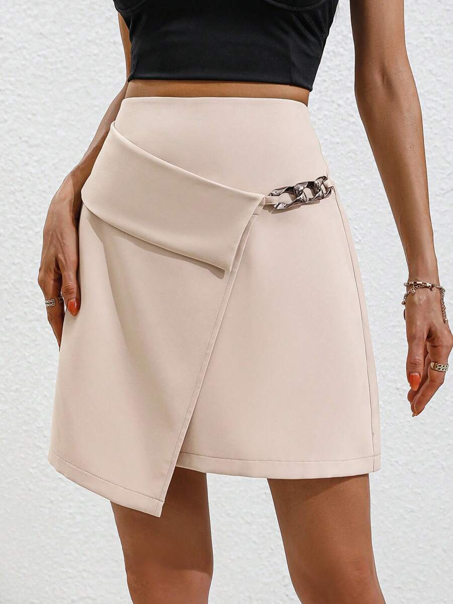SHEIN Privé Chain Detail Wrap Hem Skirt - Khaki - View 1