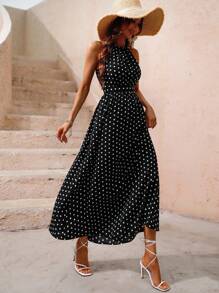 SHEIN VCAY 波點圖案繞頸洋裝 - 黑與白 - 查看 3