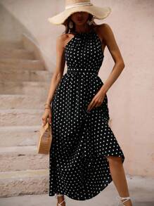 SHEIN VCAY 波點圖案繞頸洋裝 - 黑與白 - 查看 4