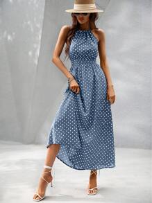 SHEIN VCAY Polka Dot Print Halter Neck Pleated Detail Dress - Blue and White - View 4