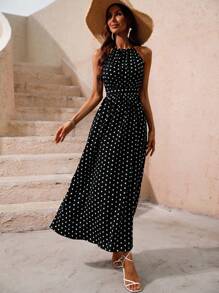 SHEIN VCAY 波點圖案繞頸洋裝 - 黑與白 - 查看 5