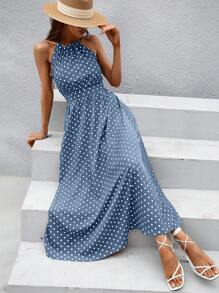 SHEIN VCAY Polka Dot Print Halter Neck Pleated Detail Dress - Blue and White - View 5